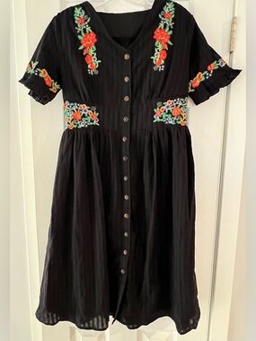 Pure Cotton Black 1940s V-Neck Floral Dress by Retro Stage Women Sz. M